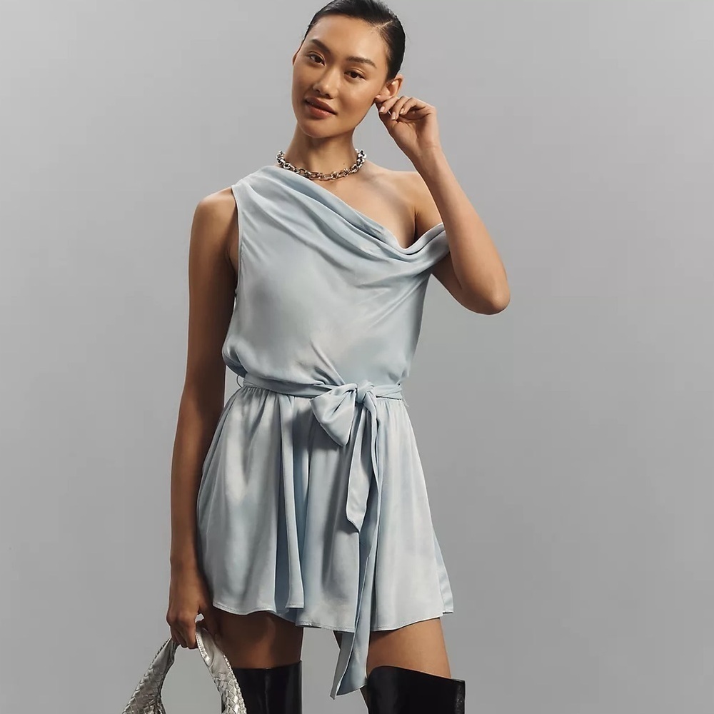 NWT! Anthropologie Maeve Off-The-Shoulder Draped Belted Satin Romper 🐬🪞1️⃣